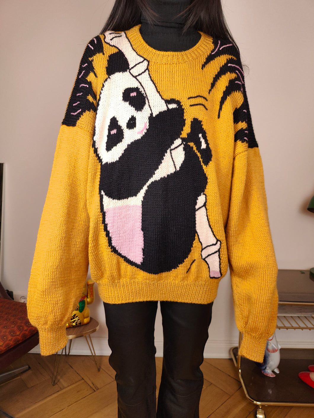 Vintage knit sweater XL XXL | pullover panda animal knitted jumper yellow