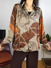 Load image into Gallery viewer, Vintage blouse shirt L | satin like brown bronze chains baroque print pattern long sleeve
