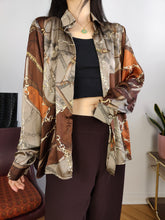 Load image into Gallery viewer, Vintage blouse shirt L | satin like brown bronze chains baroque print pattern long sleeve
