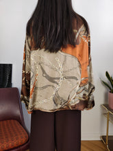 Load image into Gallery viewer, Vintage blouse shirt L | satin like brown bronze chains baroque print pattern long sleeve
