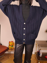 Load image into Gallery viewer, Vintage wool cardigan M | navy blue cable knit knitted golf sweater jacket women men unisex
