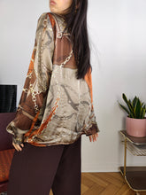 Load image into Gallery viewer, Vintage blouse shirt L | satin like brown bronze chains baroque print pattern long sleeve
