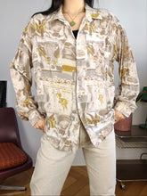 Load image into Gallery viewer, Vintage viscose blouse shirt M-L | white beige print pattern long sleeve Top Fashion women
