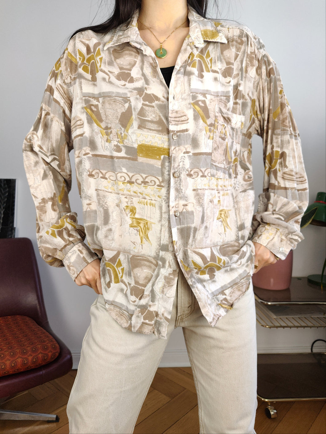 Vintage viscose blouse shirt M-L | white beige print pattern long sleeve Top Fashion women
