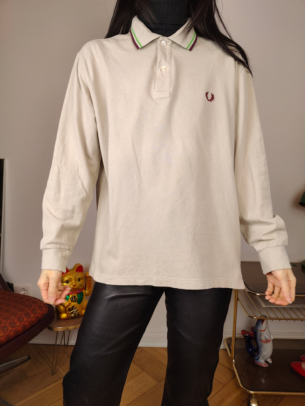 Vintage Fred Perry polo shirt S M | long sleeve beige cotton sweater women