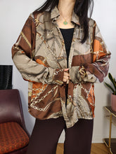 Load image into Gallery viewer, Vintage blouse shirt L | satin like brown bronze chains baroque print pattern long sleeve
