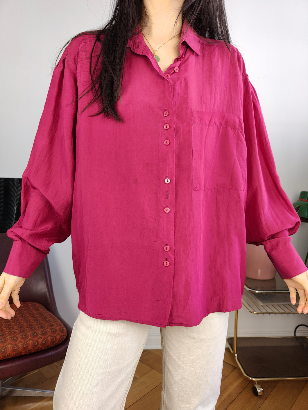 Vintage silk shirt blouse M-L | pink long sleeve button up plain Fabiani women