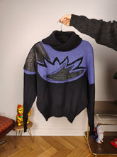 Load image into Gallery viewer, Vintage 80s wool sweater S | pullover knit knitted jumper black purple patch neck
