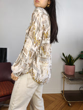 Load image into Gallery viewer, Vintage viscose blouse shirt M-L | white beige print pattern long sleeve Top Fashion women
