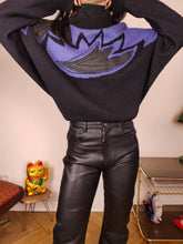 Load image into Gallery viewer, Vintage 80s wool sweater S | pullover knit knitted jumper black purple patch neck
