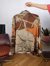 Load image into Gallery viewer, Vintage blouse shirt L | satin like brown bronze chains baroque print pattern long sleeve
