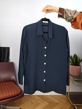 Load image into Gallery viewer, Vintage silk shirt blouse S-M | navy blue long sleeve button up plain Mario Borgioli women
