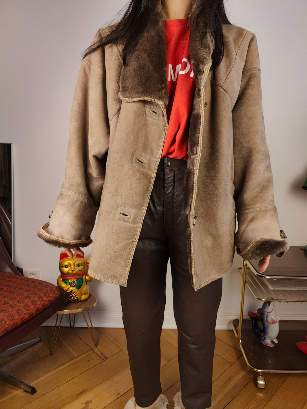 Vintage shearling coat M L | brown coffee lambskin sheepskin leather sherpa jacket women unisex men