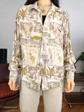 Load image into Gallery viewer, Vintage viscose blouse shirt M-L | white beige print pattern long sleeve Top Fashion women

