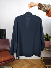 Load image into Gallery viewer, Vintage silk shirt blouse S-M | navy blue long sleeve button up plain Mario Borgioli women
