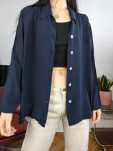 Load image into Gallery viewer, Vintage silk shirt blouse S-M | navy blue long sleeve button up plain Mario Borgioli women
