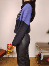 Load image into Gallery viewer, Vintage 80s wool sweater S | pullover knit knitted jumper black purple patch neck
