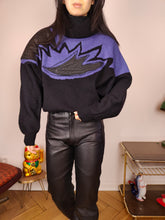 Load image into Gallery viewer, Vintage 80s wool sweater S | pullover knit knitted jumper black purple patch neck
