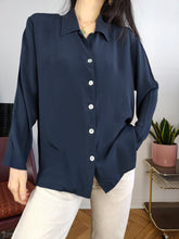 Load image into Gallery viewer, Vintage silk shirt blouse S-M | navy blue long sleeve button up plain Mario Borgioli women
