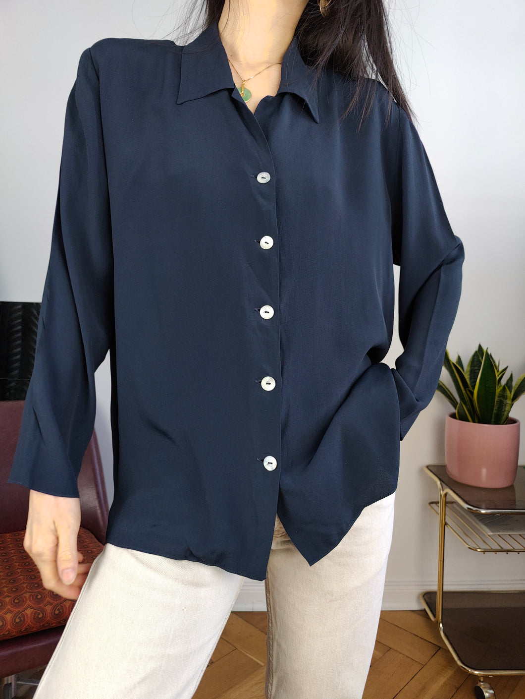 Vintage silk shirt blouse S-M | navy blue long sleeve button up plain Mario Borgioli women