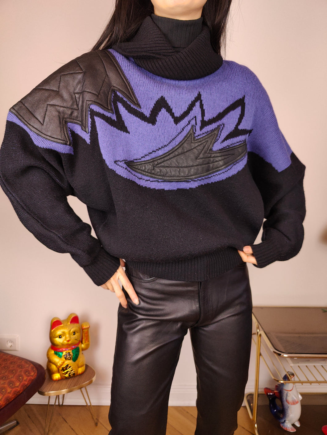 Vintage 80s wool sweater S | pullover knit knitted jumper black purple patch neck