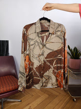 Load image into Gallery viewer, Vintage blouse shirt L | satin like brown bronze chains baroque print pattern long sleeve
