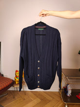 Load image into Gallery viewer, Vintage wool cardigan M | navy blue cable knit knitted golf sweater jacket women men unisex
