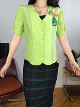 Load image into Gallery viewer, Vintage blouse shirt S | neon brat green bird animal short sleeve Roberto Puccini women
