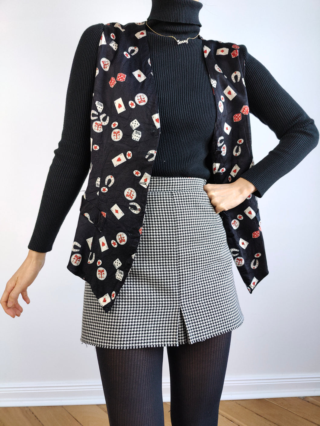 The Casino Black Waistcoat Vest | Vintage black crazy pattern party sleeveless cards games S