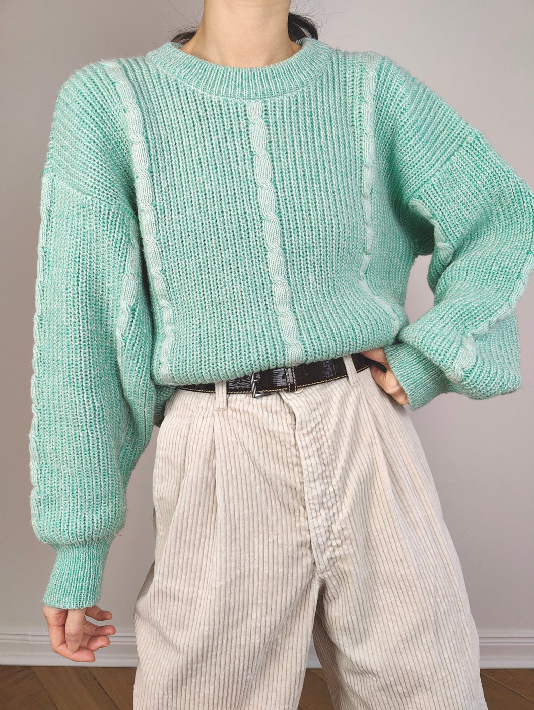 The Chunky Mint Knit | Vintage wool mix sweater jumper pullover cable knit plain green blue M