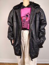 Load image into Gallery viewer, The Black Sherpa Collar Leather | Vintage real leather coat jacket black fluffy collar M-L
