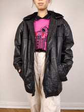 Load image into Gallery viewer, The Black Sherpa Collar Leather | Vintage real leather coat jacket black fluffy collar M-L
