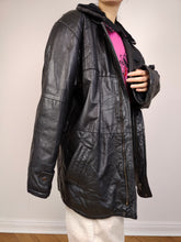 Load image into Gallery viewer, The Black Sherpa Collar Leather | Vintage real leather coat jacket black fluffy collar M-L
