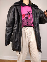 Load image into Gallery viewer, The Black Sherpa Collar Leather | Vintage real leather coat jacket black fluffy collar M-L
