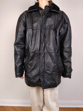 Load image into Gallery viewer, The Black Sherpa Collar Leather | Vintage real leather coat jacket black fluffy collar M-L
