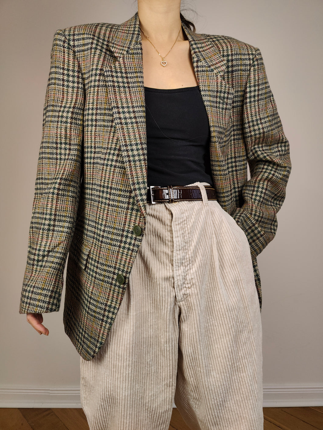 Der Opa Wollkaro-Blazer | Vintage-Jacke aus reiner Wolle mit Karomuster in Braungrau, Größe S