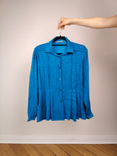 Load image into Gallery viewer, The Blue Swirl Silk Blouse | Vintage silk long sleeve shirt plain pattern S
