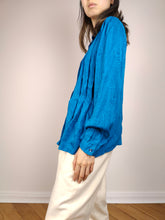 Load image into Gallery viewer, The Blue Swirl Silk Blouse | Vintage silk long sleeve shirt plain pattern S
