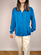 Load image into Gallery viewer, The Blue Swirl Silk Blouse | Vintage silk long sleeve shirt plain pattern S
