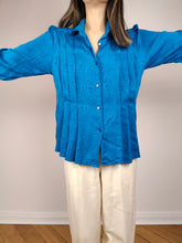 Load image into Gallery viewer, The Blue Swirl Silk Blouse | Vintage silk long sleeve shirt plain pattern S
