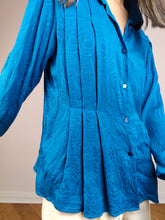 Load image into Gallery viewer, The Blue Swirl Silk Blouse | Vintage silk long sleeve shirt plain pattern S
