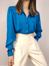 Load image into Gallery viewer, The Blue Swirl Silk Blouse | Vintage silk long sleeve shirt plain pattern S
