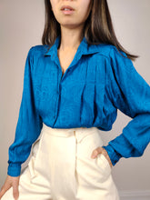 Load image into Gallery viewer, The Blue Swirl Silk Blouse | Vintage silk long sleeve shirt plain pattern S
