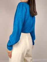 Load image into Gallery viewer, The Blue Swirl Silk Blouse | Vintage silk long sleeve shirt plain pattern S

