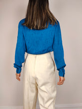 Load image into Gallery viewer, The Blue Swirl Silk Blouse | Vintage silk long sleeve shirt plain pattern S
