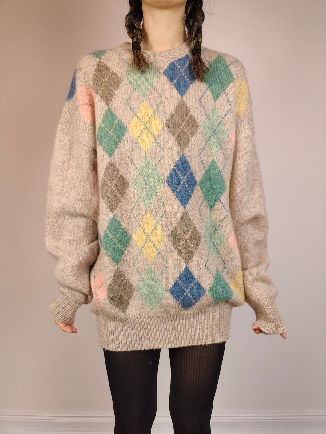 Der Beige-Diamantstrick aus Shetlandwolle | Vintage reiner Shetland-Wollpullover mit Muster gestrickter übergroßer langer Pullover L