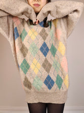 Lade das Bild in den Galerie-Viewer, Der Beige-Diamantstrick aus Shetlandwolle | Vintage reiner Shetland-Wollpullover mit Muster gestrickter übergroßer langer Pullover L
