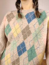 Lade das Bild in den Galerie-Viewer, Der Beige-Diamantstrick aus Shetlandwolle | Vintage reiner Shetland-Wollpullover mit Muster gestrickter übergroßer langer Pullover L

