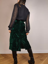 Load image into Gallery viewer, The Green Velvet Midi Skirt | Vintage dark green velvet velour skirt mid midi length XS
