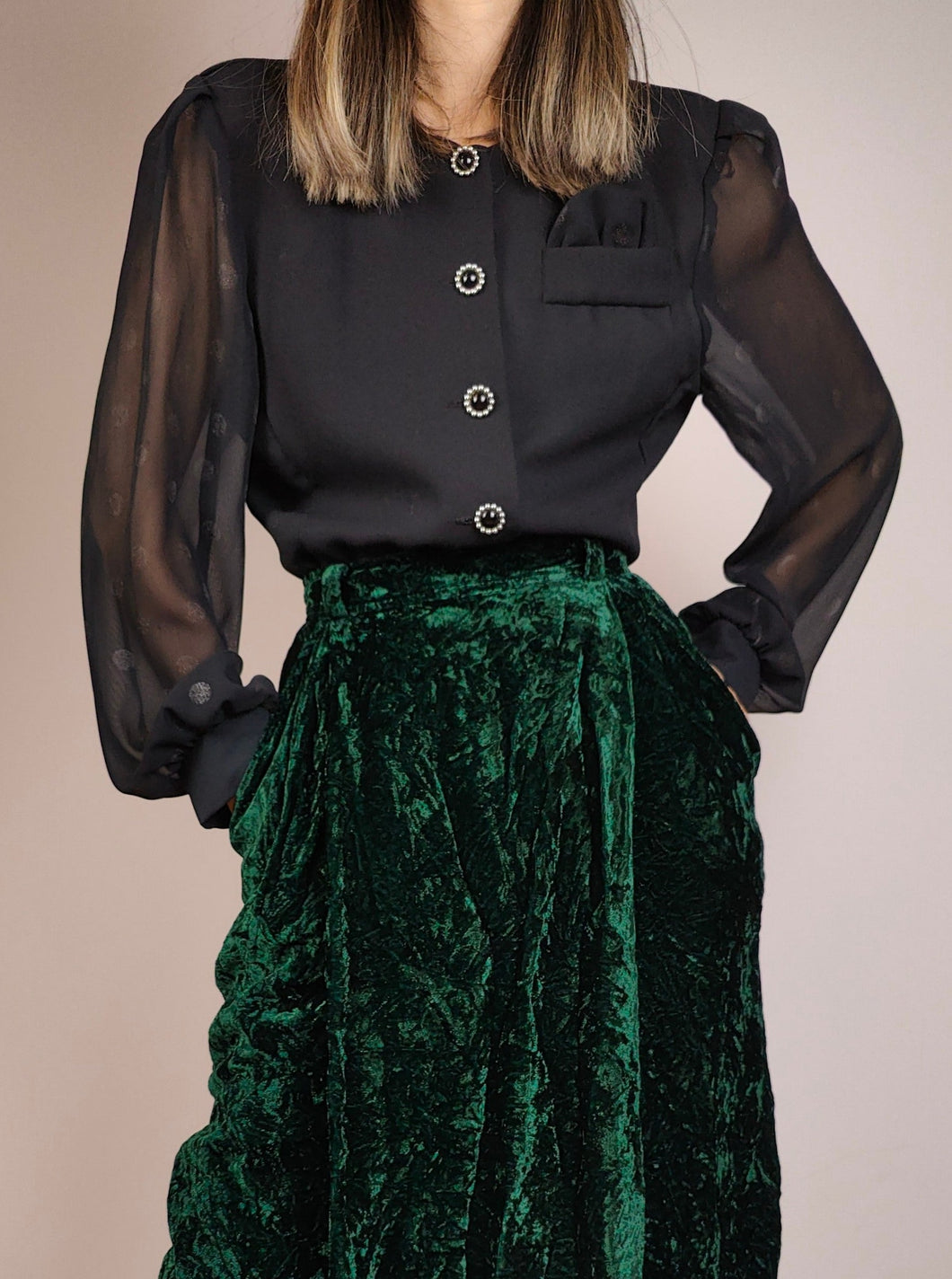 The Black Polka Sleeve Blouse | Vintage 80s black sheer polka dot blouse blazer jacket S